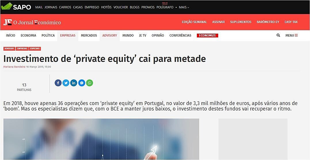 Investimento de private equity cai para metade